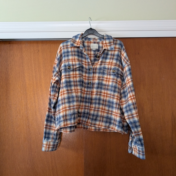 American Eagle Outfitters Blue and Orange Plaid Shirt Cropped Women's - Picture 5 of 6